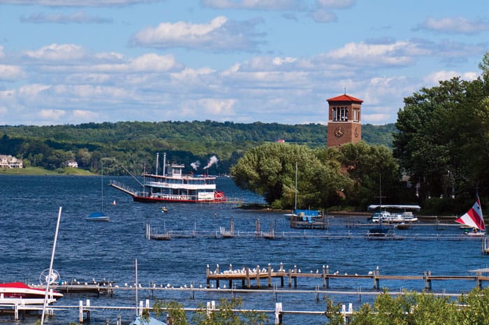 View of the Bell Tower and Chautauqua Belle on Chautauqua Lake