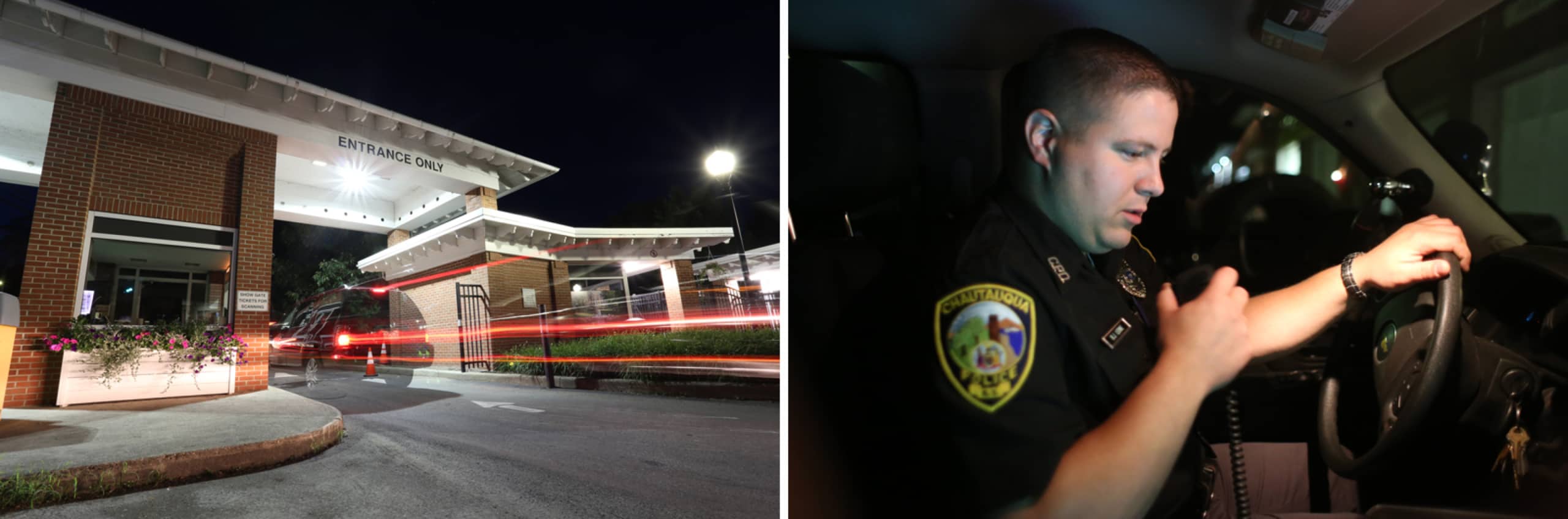 Night time shot of a car going through the Main Gate and Sergeant Billy Leone in a Chautauqua Police car