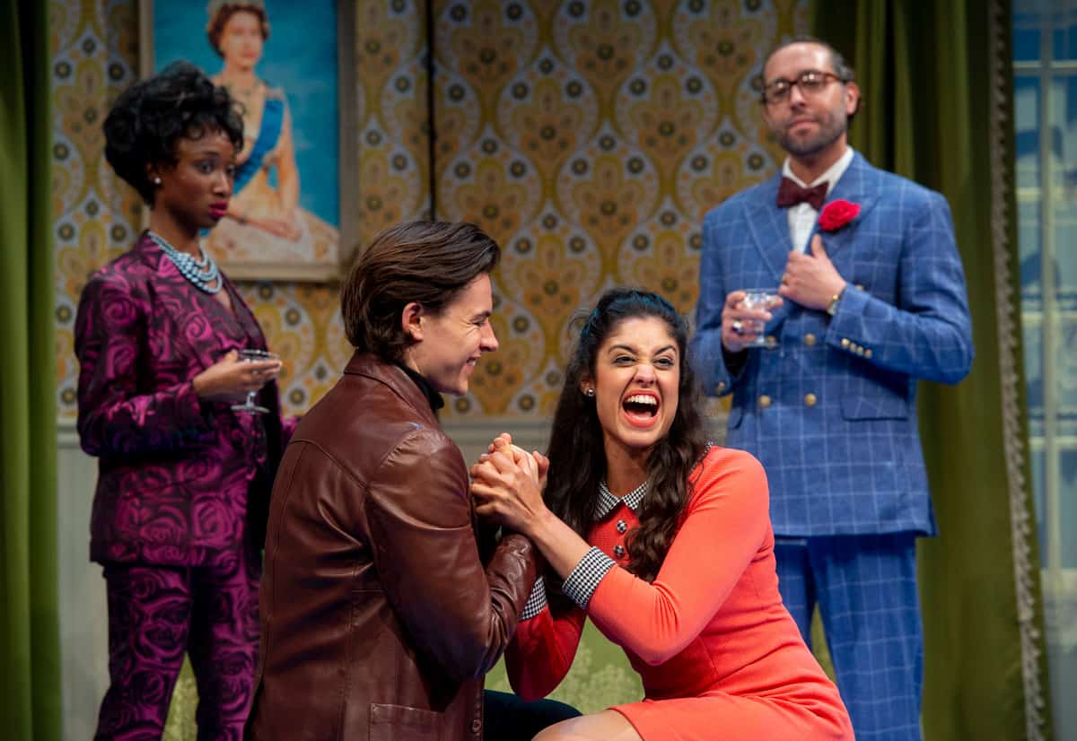Four people on stage during Chautauqua Theater Company's performance of One Man, Two Guvnors in 2019