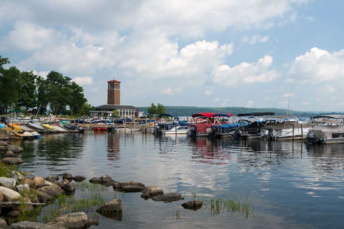 A view of Chautauqua Lake with the Miller Bell Tower and docks
