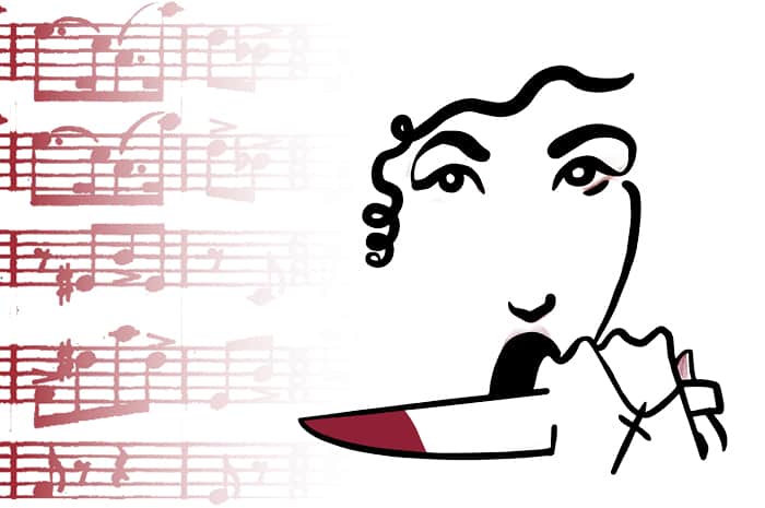 Tosca artwork of a woman holding a knife and sheet music in the background