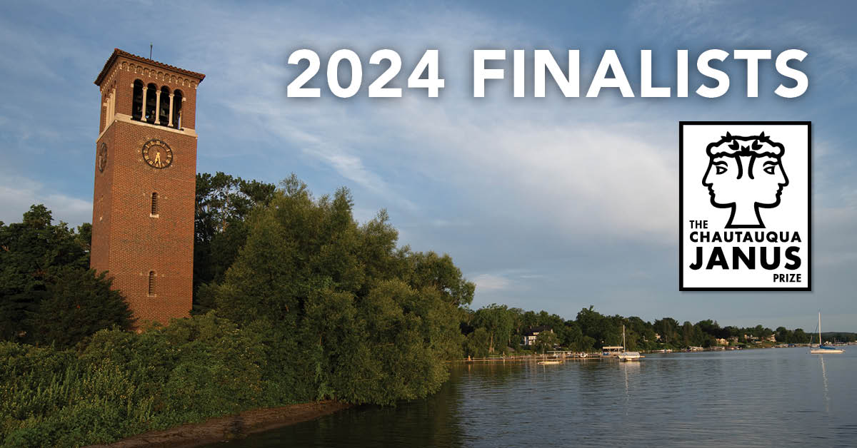 2024 Finalists with the Janus Prize logo over a photo of Miller Bell Tower along Chautauqua Lake