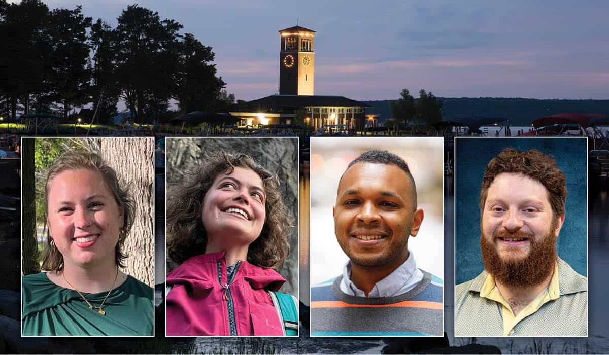Headshots of Allison Blackwell, Madison Cissell, Mohammed Jibriel and Zackary Steinberg over a photo of the sunset at Miller Bell Tower