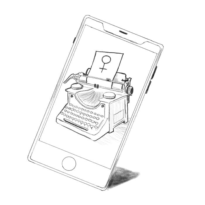 Drawing of a typewriter on a phone screen