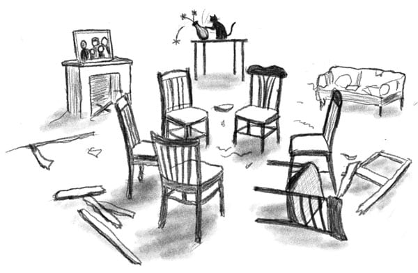 A drawing of chairs in a circle that are knocked over and destroyed