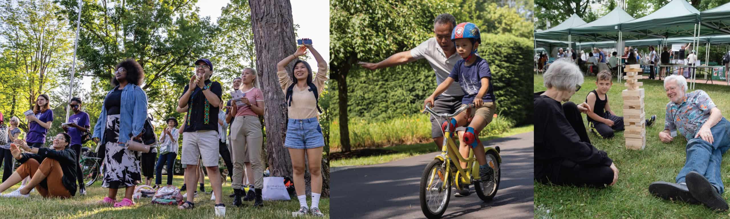 A crowd of people in a park, riding bikes and playing lawn games