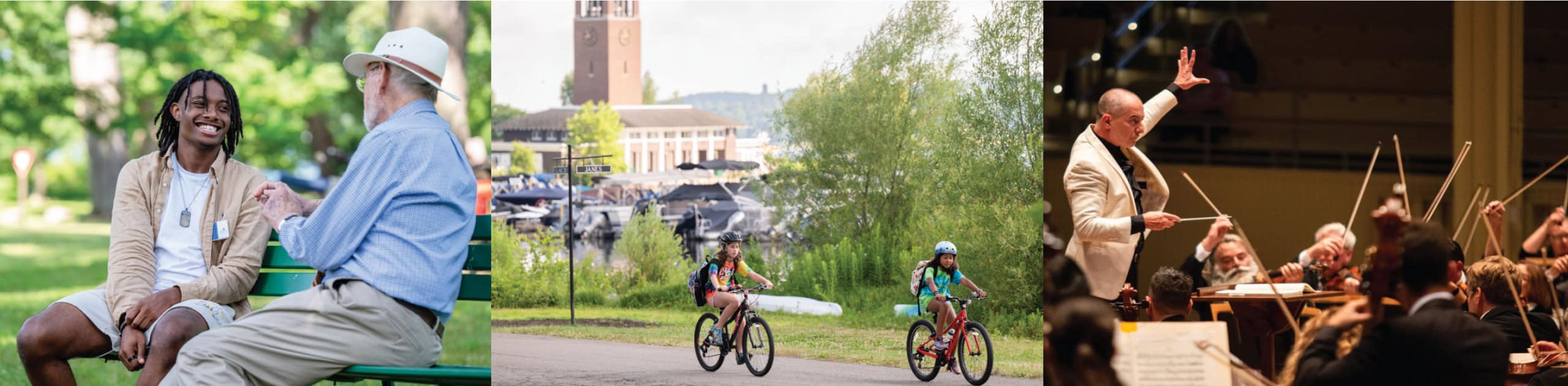 People talking on a bench, riding bikes and the Chautauqua Symphony Orchestra