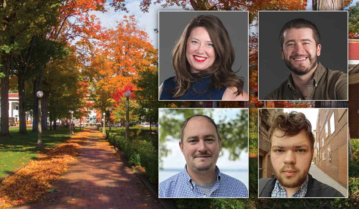 Headshots of Nicole Syzdlo, Luis Cerna, Nate Peterson and Drake Johnson over a fall photo of the brickwalk