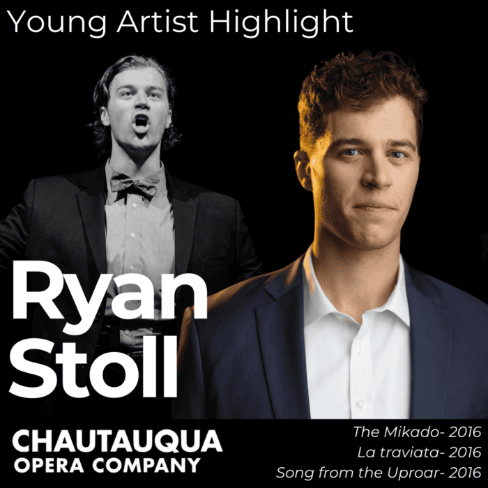 Ryan Stoll's headshot and a photo of him singing