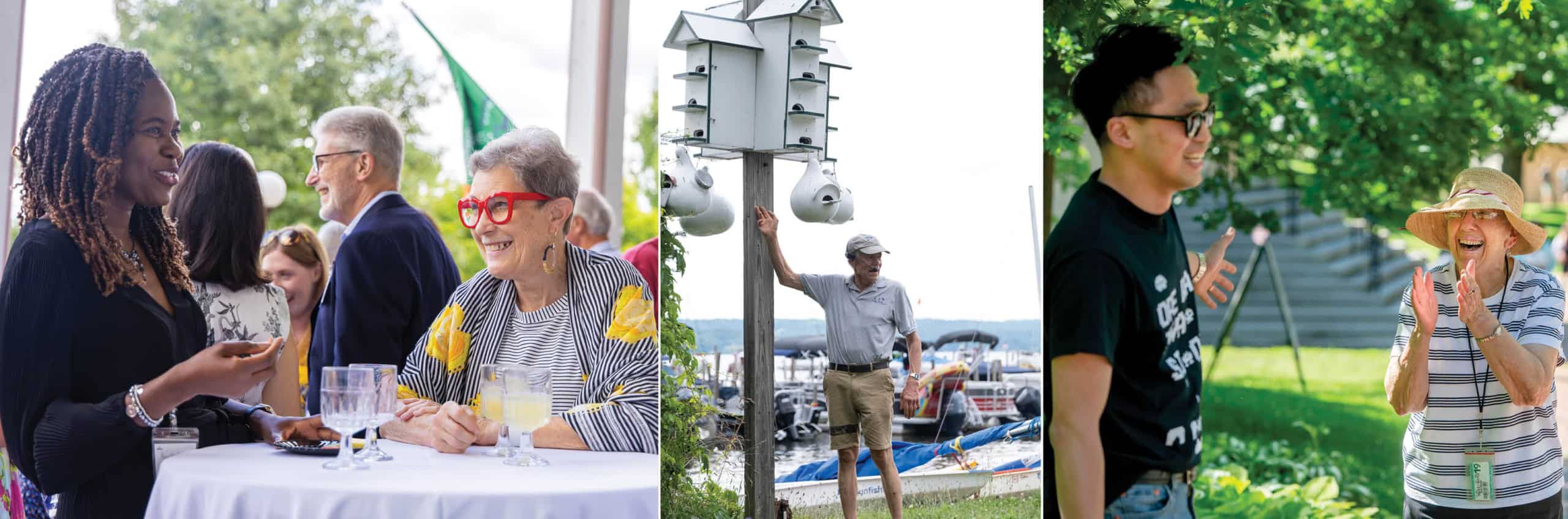 Two women talking at a table during a gala event, a man pointing to a Purple Martin bird house and a woman clapping and smiling at an opera singer