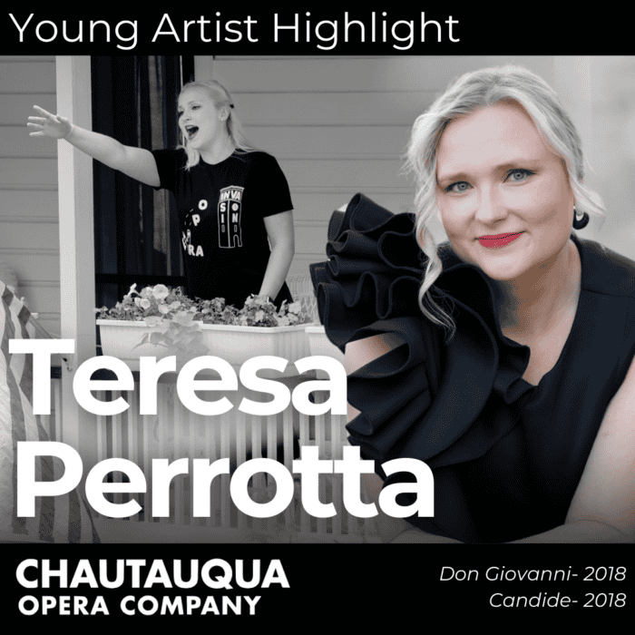 Teresa Perrotta's headshot and a photo of her singing