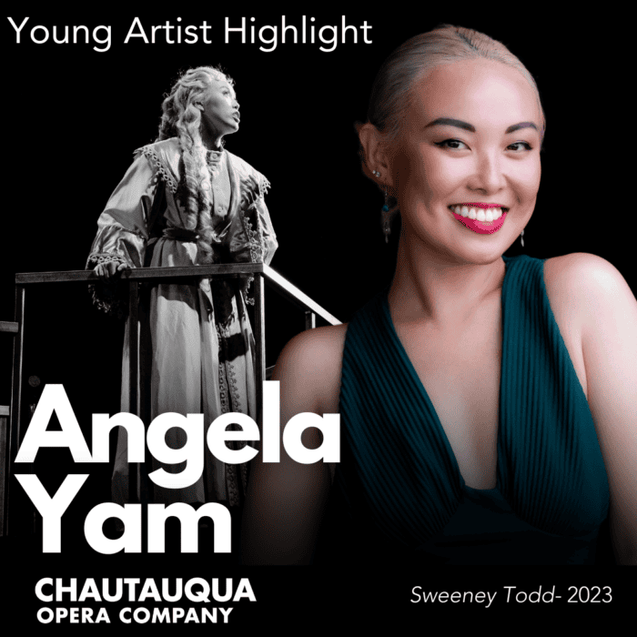 Angela Yam's headshot and a photo of her singing in Sweeney Todd