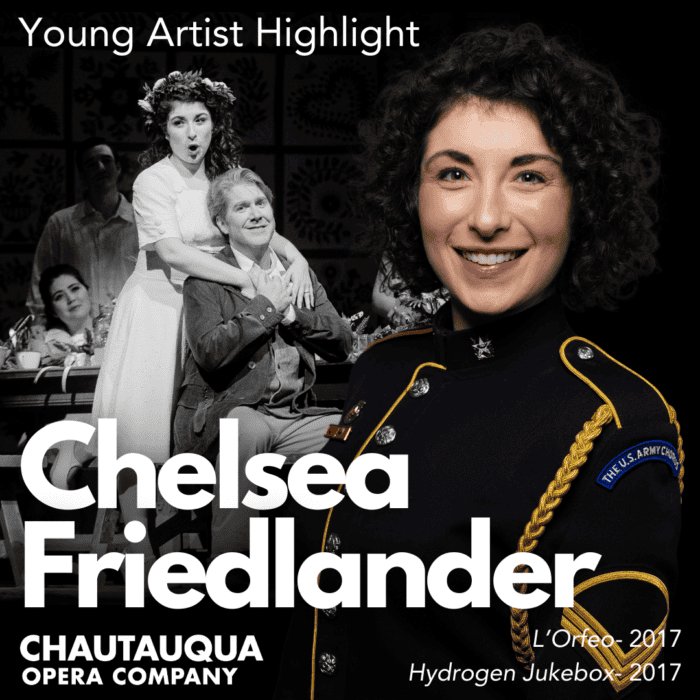 Chelsea Friedlander's headshot and a photo of her singing in L'Orfeo