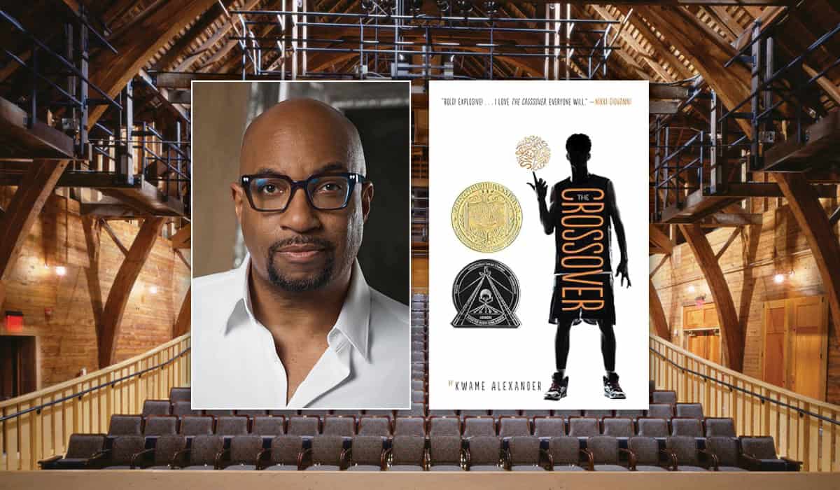 Kwame Alexander's headshot and The Crossover book cover over a photo of the inside of Bratton Theater