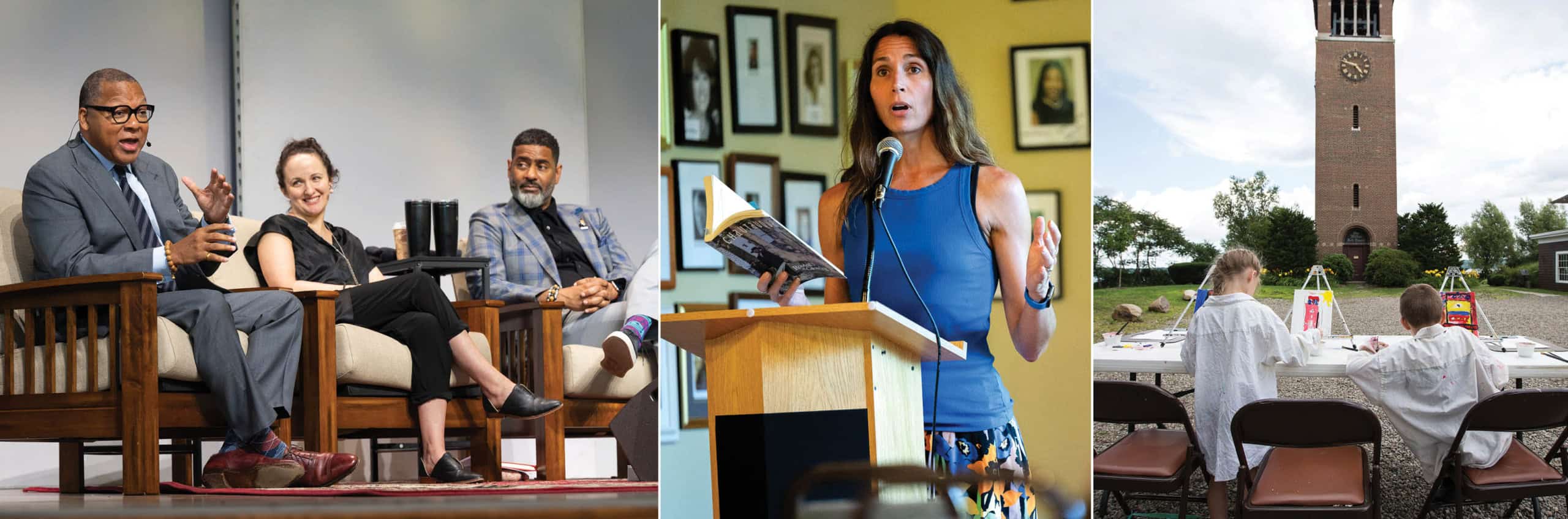 Wynton Marsalis, Kate Hamill and Otis Moss III sitting in conversation together a lecture, a woman reading from the Chautauqua Literary Journal and two kids painting the bell tower