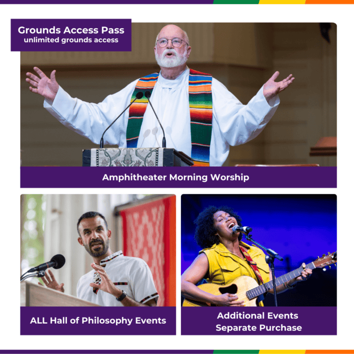 Photos of a chaplain giving a sermon, an interfaith lecture and a musician singing