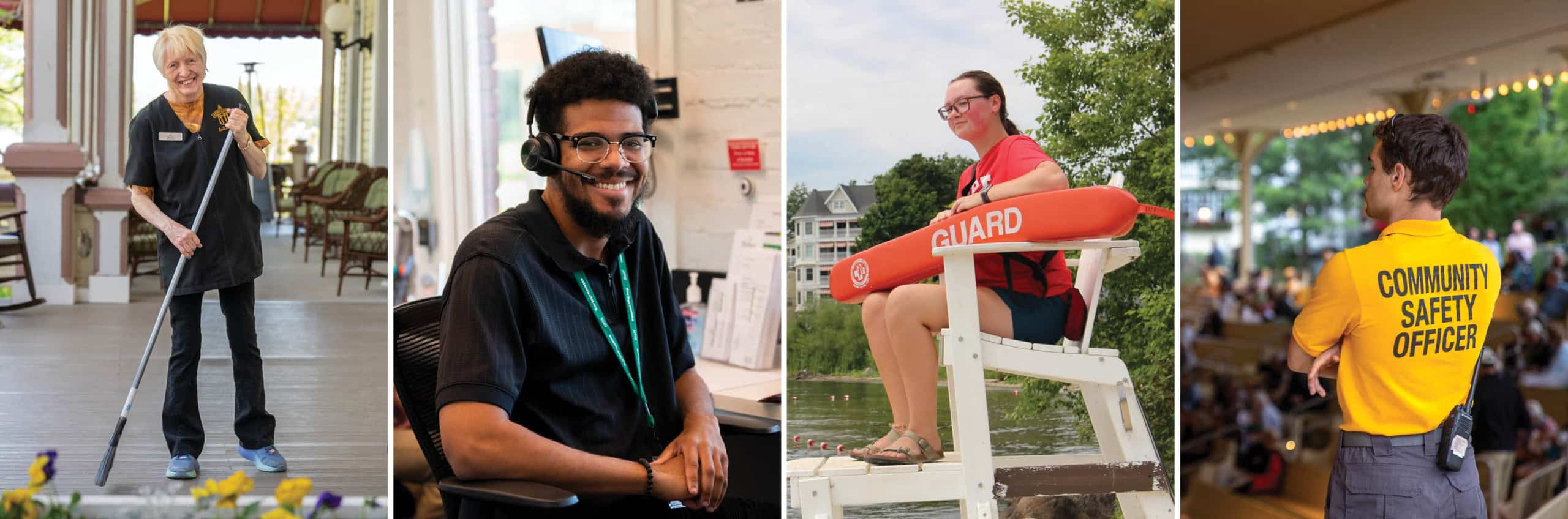 Pictures of staff members sweeping, working at the ticket office, a safety officer scanning an event and on duty as a lifeguard