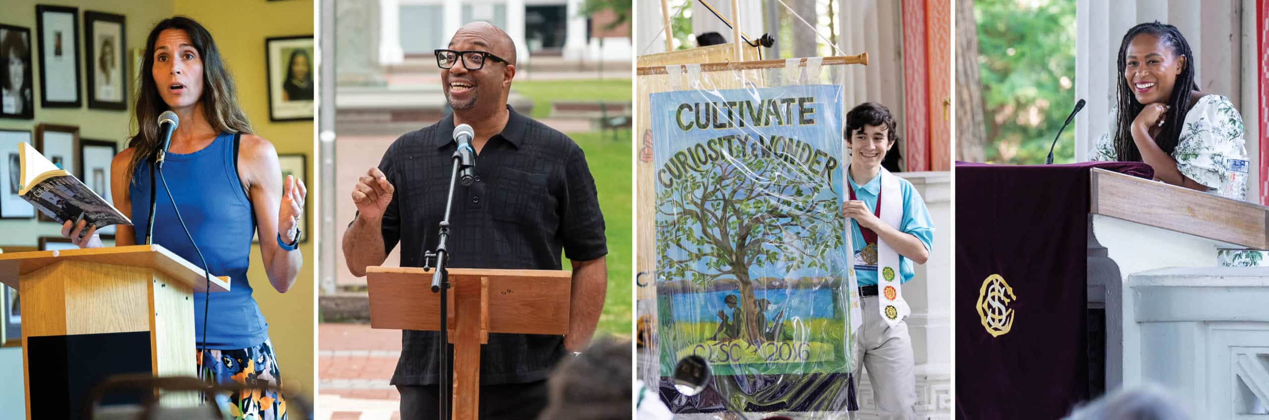 People speaking at podiums and a young man holding a banner