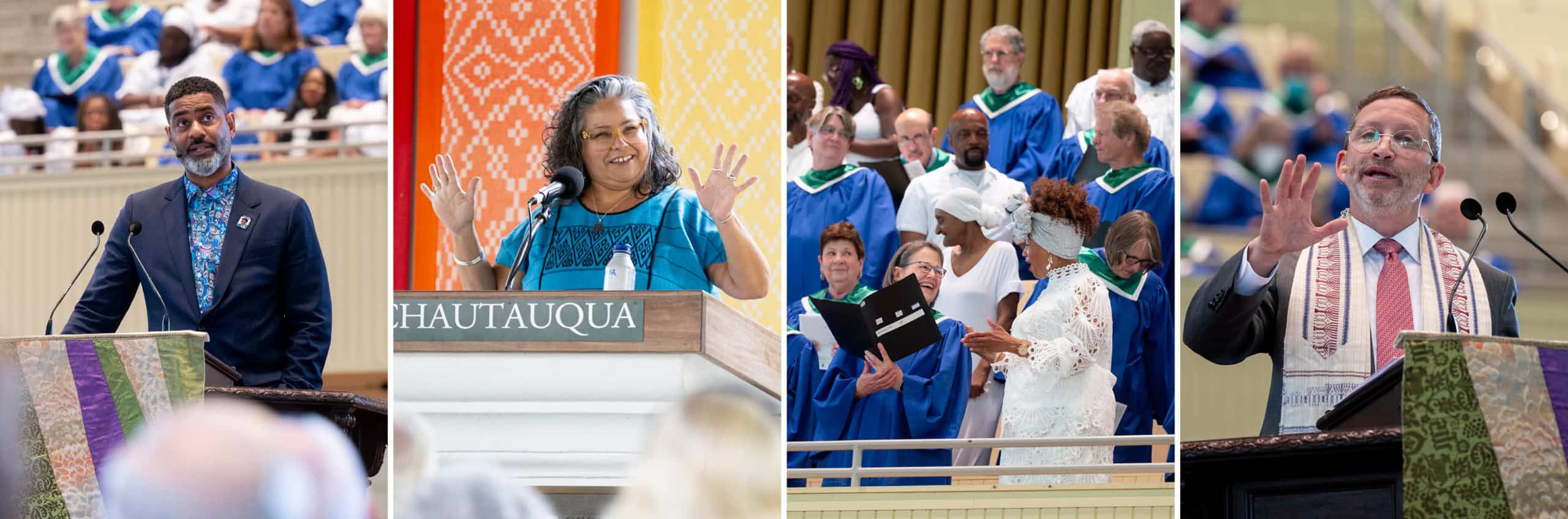 Photos of chaplains giving sermons, an interfaith lecture and a choir singing