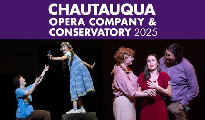 Chautauqua Opera Company and Conservatory logo and photos of opera singers performing