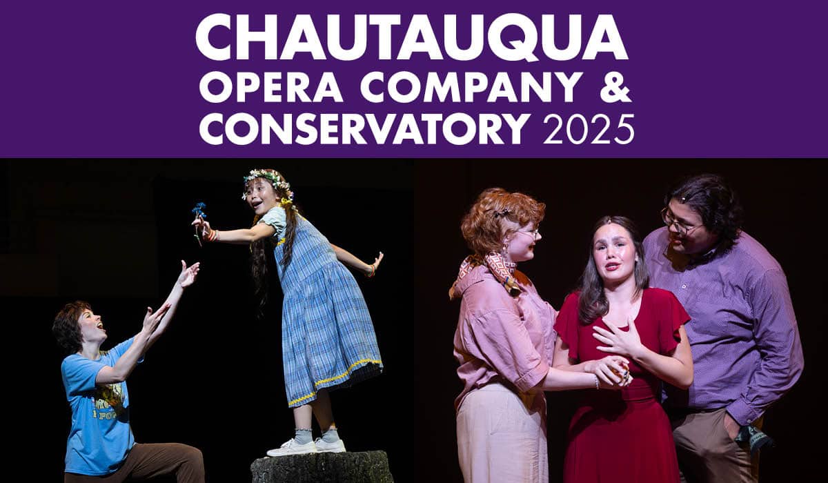 Chautauqua Opera Company and Conservatory logo and photos of opera singers performing