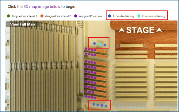 A map indicating where accessible and companion seating are