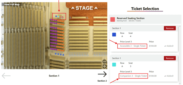 A screenshot showing the ticket price for the selected accessible seats