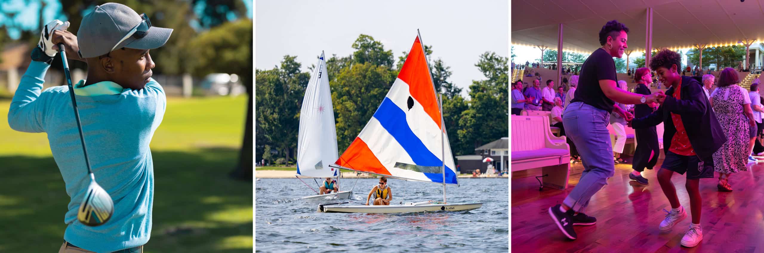 People golfing, sailing and dancing at a concert