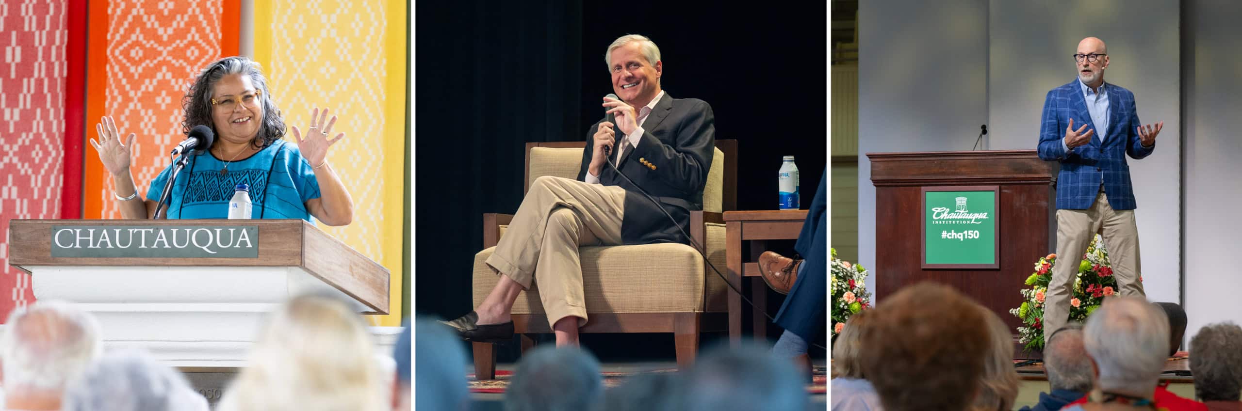 Photos of people speaking during lectures and master classes