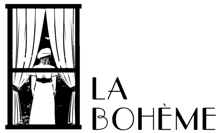 A woman in a window with curtains and the title La Boheme