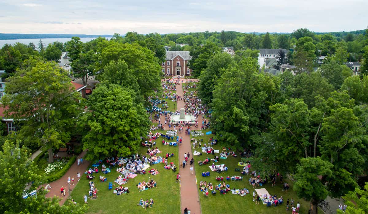 A drone view of people gathered in Bestor Plaza on the Fourth of July