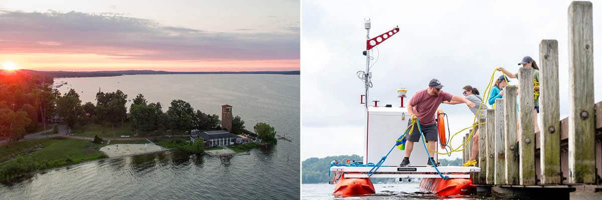 A sunrise photo of Miller Bell Tower on the lake and the Jefferson project testing the lake water