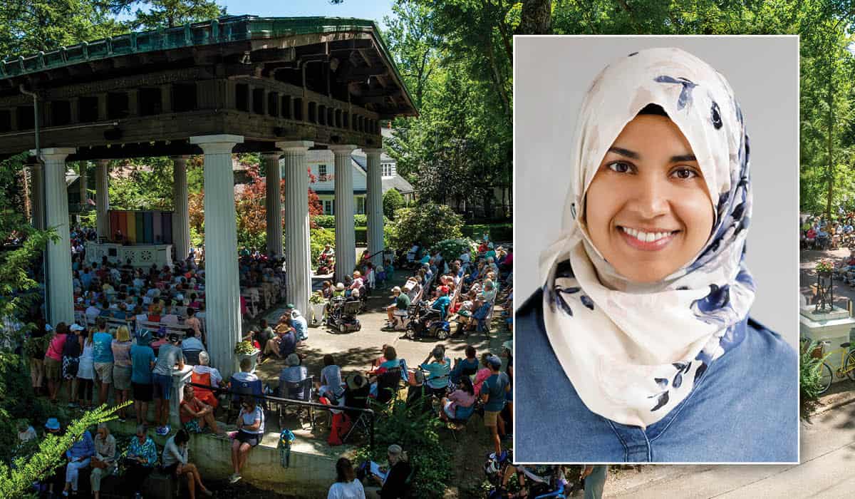 Rafia Khader's headshot over a photo of the Hall of Philosophy